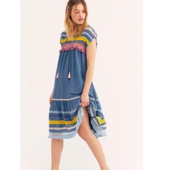 Free People Crochet Lace Boho Midi Dress Blue Pink - Picture 6 of 9